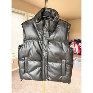 Mark Alan Black Faux Leather Puffer Vest Women's Size L High Neck Sleeveless NWT